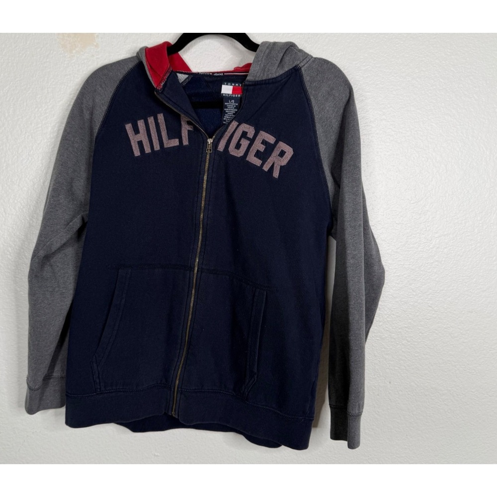 Vintage Tommy Jeans Hoodie Jacket Blue Gray Sz L Y2K Spell Out Preppy